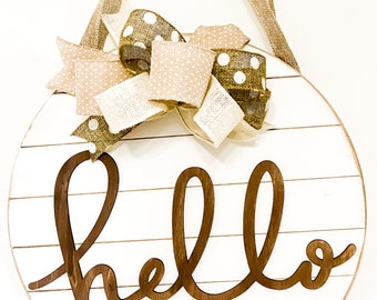 Farmhouse Hello Sign: Round Wood Door Hanger, White & Beige Rustic Farmhouse Decor, Wall Hanging