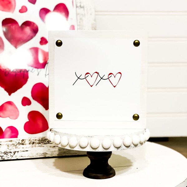 XOXO Valentines Day 5 x 5 Wood Sign - Farmhouse Tiered Tray Decor - Small Romantic Gift