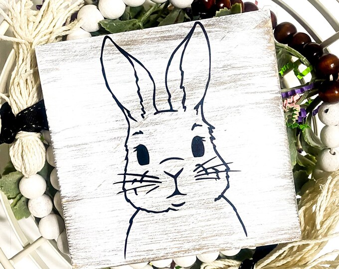 Rustic Easter Bunny Portrait Wood Sign for Farmhouse Decor, 5x5 Easter Wood Sign, Tiered Tray Decor