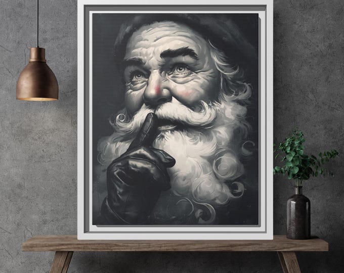 Vintage Dark & Moody Santa Framed Canvas, Santa Face, Old World Santa, Vintage Black and White Christmas Wall Art, Holiday Decor, Santa Sign