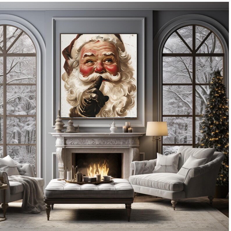 May include: A vintage-style illustration of Father Christmas with a white beard and red cheeks, wearing a red hat and a black glove, with his finger to his lips, as if to say "shhh".