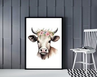 Cow and Flowers Print - Farm Animal Art - Digital Download - Farmhouse Style Wall Sign