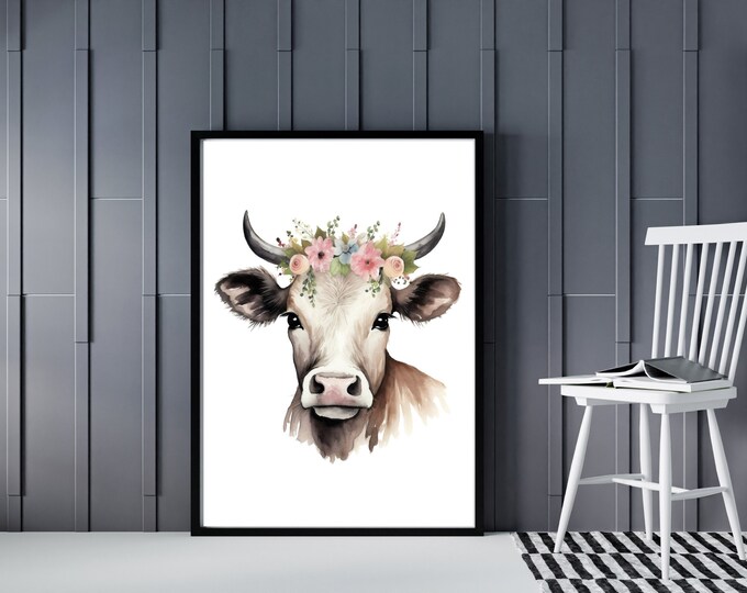 Cow and Flowers Print - Farm Animal Art - Digital Download - Farmhouse Style Wall Sign