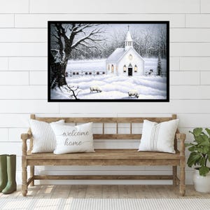 Winter Kirche Szene Poster, Matt Horizontal Weihnachtsdruck, Rustikale Schaf Wand Art Deco, Urlaub Bauernhaus Dekor, Serene Schneelandschaft