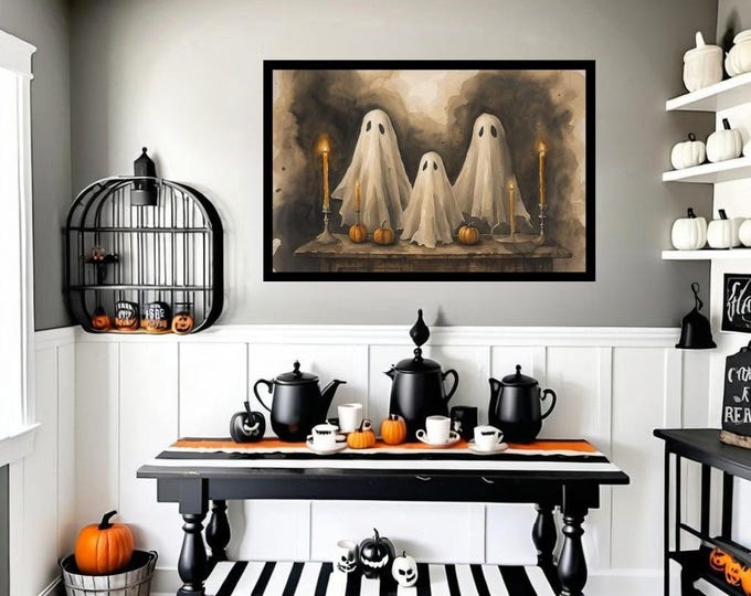 Vintage Style Watercolor Halloween Print, Ghost Family Wall Art Printable, Spooky Halloween Decoration, Fall Home Decor, Haunted House Decor