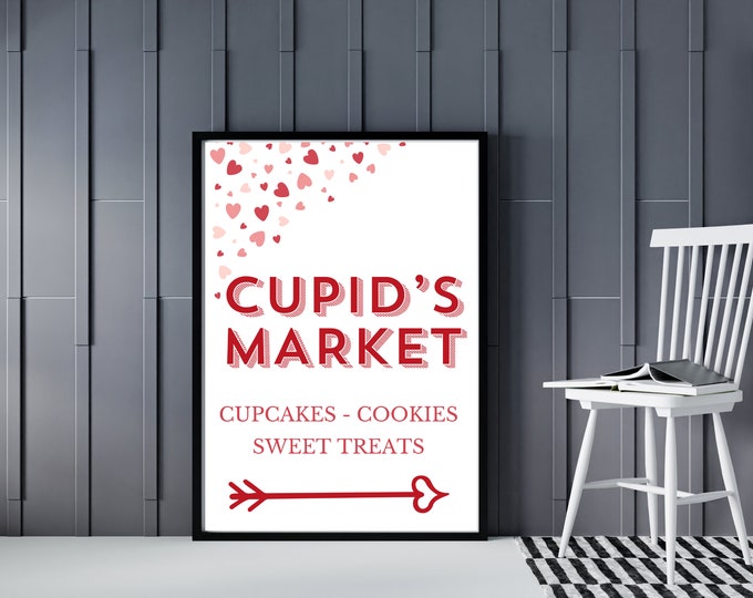 Cupid's Market Valentine's Day Sign - Minimalist Wall Art Printable - Valentine Wall Decor