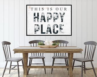 This is Our Happy Place Vintage Distressed Sign - Rustic Farmhouse Wall Decor - Cozy Home Decor