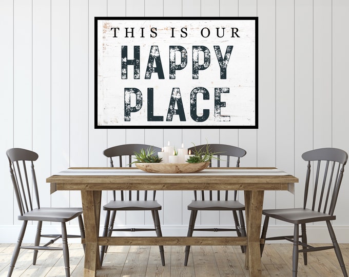This is Our Happy Place Vintage Distressed Sign - Rustic Farmhouse Wall Decor - Cozy Home Decor