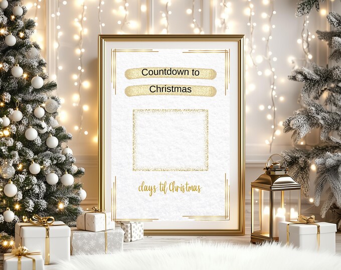 Vintage Christmas Countdown Print - Gold Glitter Aesthetic Digital Art - Rustic Holiday Decor - Printable Countdown Calendar, Edit in Canva