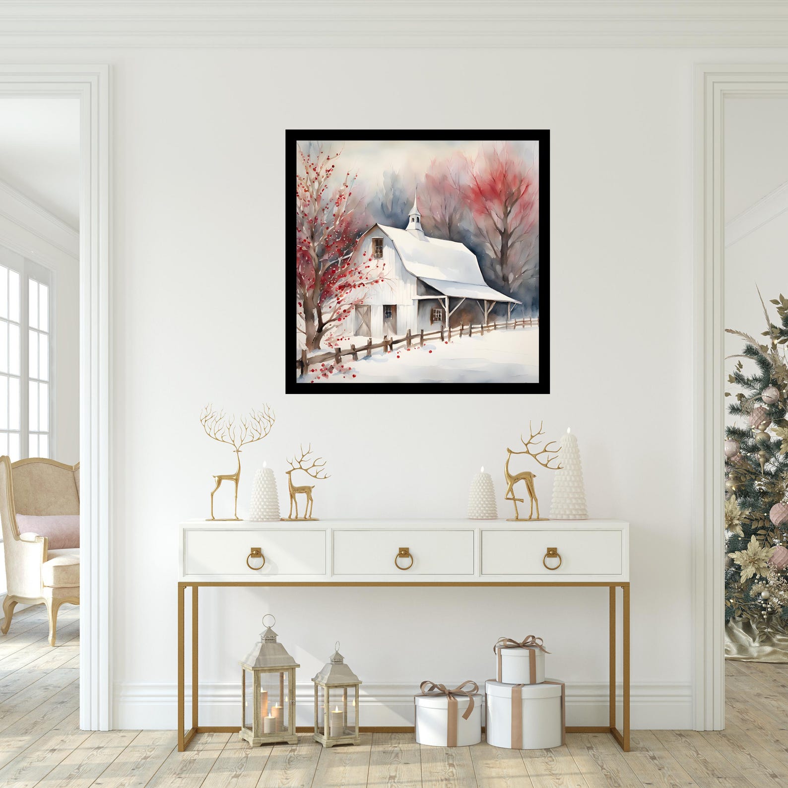 Rustic Christmas Barn Art Print, White Barn With Red Trees, Winter ...