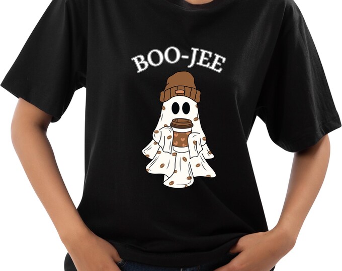 Ghost Print T-Shirt - Halloween Tee for Boo-Jee Coffee Ghost Lovers, Unisex Jersey Short Sleeve Tee, Spooky Shirt, Halloween Costume,