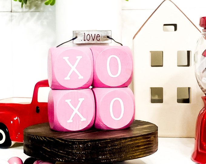 XOXO Pink Heart Blocks - Set of 4 - Valentines Day Tiered Tray Decor - Coffee Bar Decor