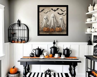 Three Ghosts with Bats and Pumpkins Art Print – Spooky Halloween Wall Decor | Ghosts and Pumpkins Digital Printable, Whimsical Halloween Art
