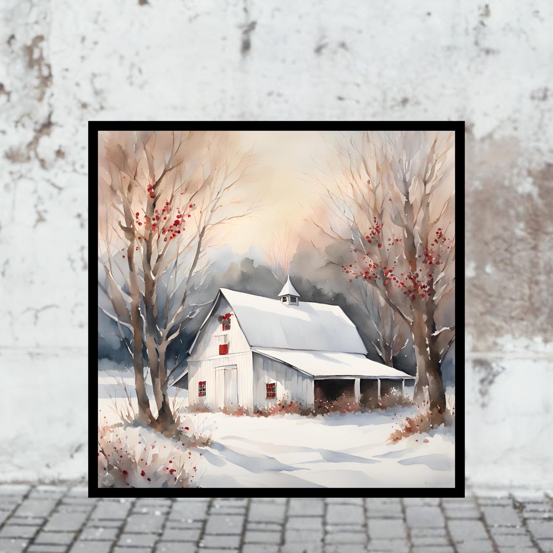 White Rustic Christmas Barn Print, Winter Farmhouse Wall Art, Snowy ...