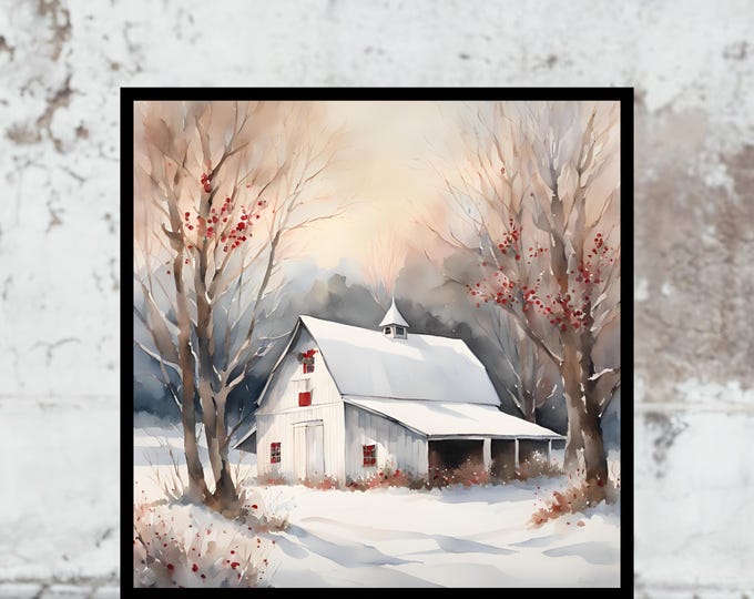 White Rustic Christmas Barn Print, Winter Farmhouse Wall Art, Snowy Barn Scene with Red Trees, Cozy Holiday Decor, Christmas Landscape Art