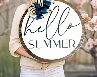 Summer Door Sign, Modern Front Door Decor, Wood Round Door Hanger, Summer Front Door Wreath, Front Porch Decor, Welcome Door Sign
