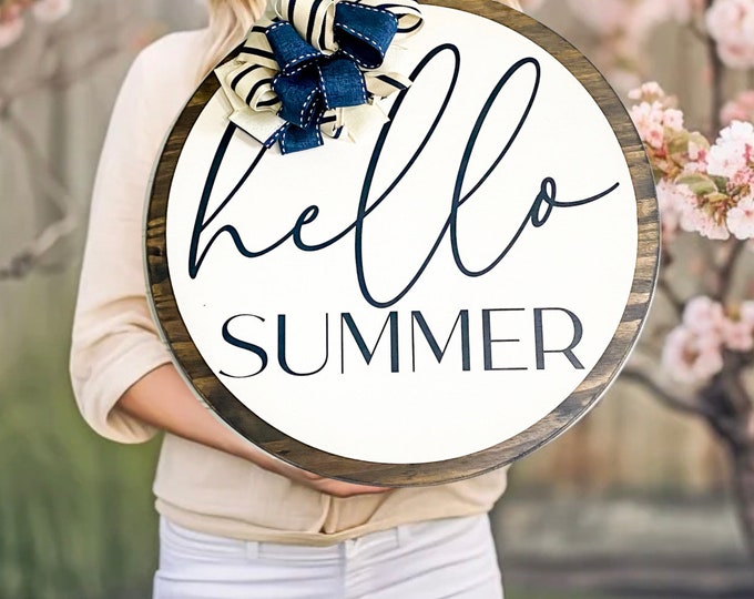 Summer Door Sign, Modern Front Door Decor, Wood Round Door Hanger, Summer Front Door Wreath, Front Porch Decor, Welcome Door Sign