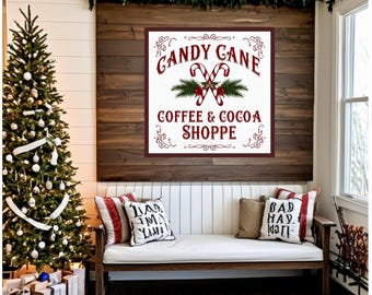Impresión navideña de Candy Cane Coffee & Cocoa Shoppe: arte de pared rústico para fiestas, decoración navideña vintage extravagante, imprimible festivo para la cocina
