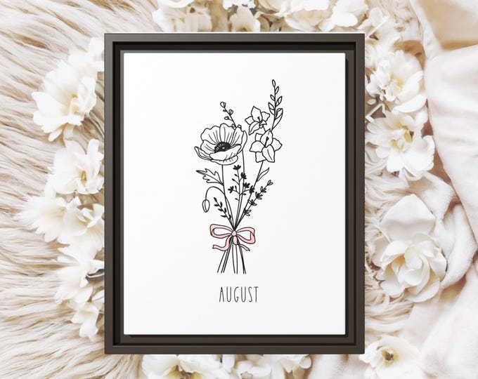 August Birth Flower Framed Canvas Print – Personalized Birth Month Floral Wall Art, Custom Botanical Decor, Nursery Birth Flower Gift