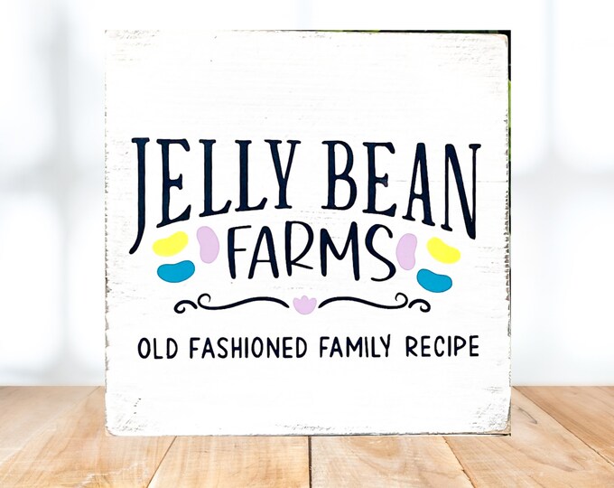 Jelly Bean Farm Easter 5 x 5 Wood Sign - Easter Tiered Tray Decor - Farmhouse Distressed Sign