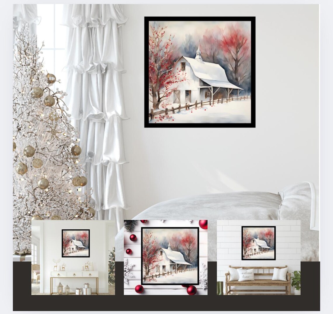 Rustic Christmas Barn Art Print, White Barn With Red Trees, Winter ...