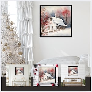 Rustic Christmas Barn Art Print, White Barn With Red Trees, Winter ...