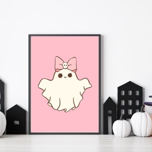 Adorable Ghost with Bow Print - Halloween Home Decor in Pink - Cute Ghost Print - Spooky Halloween Decor