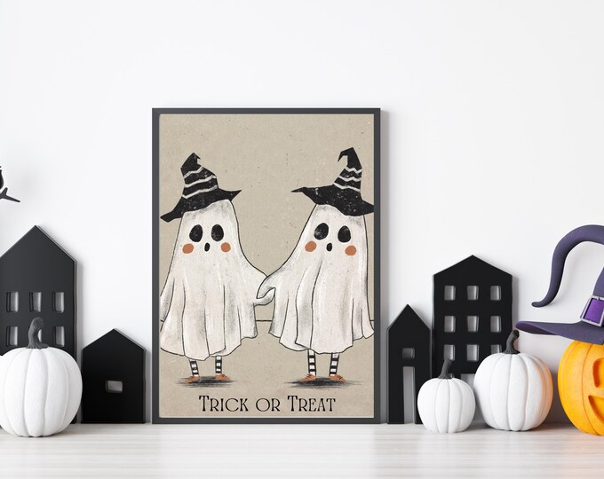 Twin Ghost Witches Digital Print - Halloween Wall Art - Spooky Ghost Decor - Trick or Treat - Halloween Decor - Haunted House Decor
