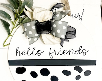 Farmhouse Cow Print Front Door Sign: Hello Friends, Rustic Farmhouse Decor, Wall Hanging with Handmade Bow