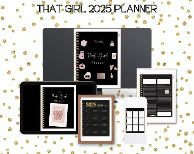 2025 Digital Planner | Fashion Forward Black Aesthetic Planner | Daily, Weekly, Monthly Planner with Journal & Tracking | That Girl Planner