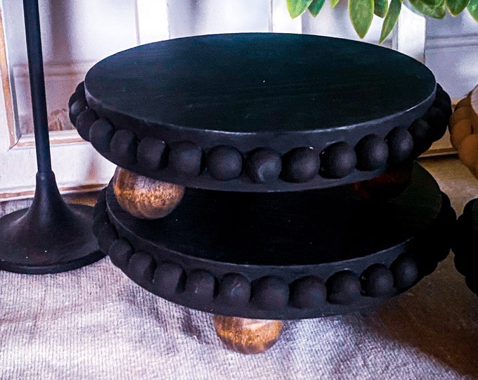 Riser - Rustic Black Round Wood Riser - Beaded Wood Pedestal - Farmhouse Decor
