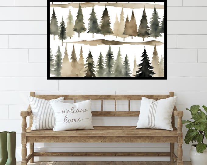 Winter Scene Rustic Tree Art Print, Minimalist Neutral Design, Multi-Colored Trees, Serene Winter Landscape Poster, Winter Artwork