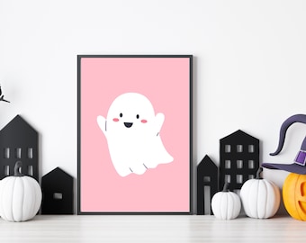 Pink Halloween Ghost Print - Cute Home Decor - Haunted House Wall Art - Spooky Cute Ghost Printable - Halloween Wall Decor