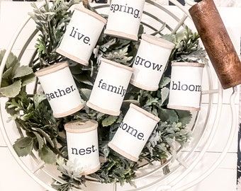 Farmhouse mini decorative signs for tiered trays, wood spool signs, cute room decor