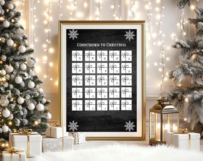 Farmhouse Chalkboard Christmas Countdown Digital Print – Editable Daily Countdown Calendar for Canva, Rustic Holiday Wall Decor