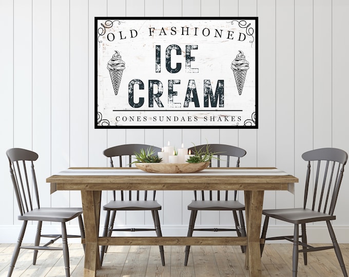 Vintage Old Fashioned Ice Cream Sign - Rustic Farmhouse Wall Decor Print - Distressed Antique Ice Cream