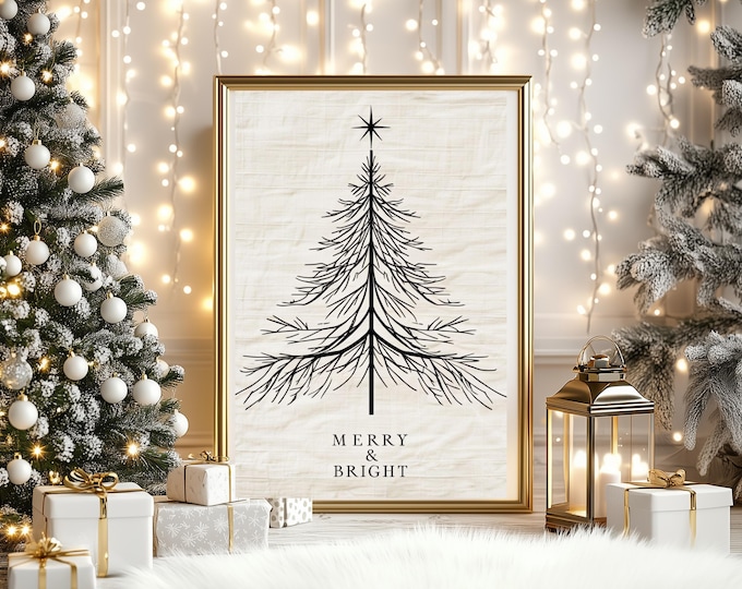 Merry & Bright Minimalist Christmas Tree Digital Print – Modern Holiday Wall Art | Festive Christmas Quote, Simple Holiday Decor