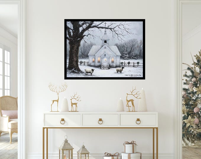 Winter Scene Art Poster Print, Winter Landscape, Rustic White Church with Sheep and Snow Covered Trees, Serene Winter Landscape Poster