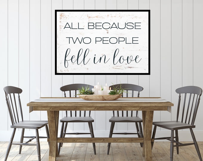 Rustic Farmhouse Sign: All Because Two People Fell in Love Wall Decor Digital Print - Vintage Style Sign