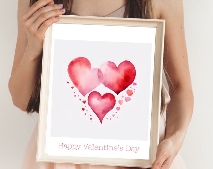 Happy Valentine's Day Sign With Watercolor Hearts - Minimalist Wall Art Printable - Valentine Wall Decor