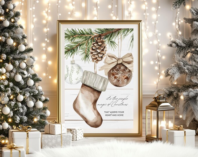 Rustic Christmas Stocking Farmhouse Wall Decor, Vertical Poster Print, Matte Neutral Holiday Art, Gift Idea for Home Decor, Seasonal Room