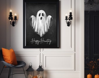 Happy Haunting Ghost Halloween Digitale Print - Spookachtige kunst voor Haunted House Decor - Spookachtige oktober Art Print - Griezelige Halloween decoratie