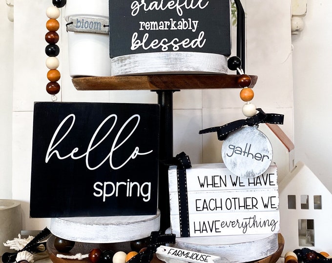 Farmhouse Decor Duo: Tiered Tray Bundle and Double-Sided Wood Sign, Spring Home Decor Essentials, 2-in-1 Wood Sign for Home Decor