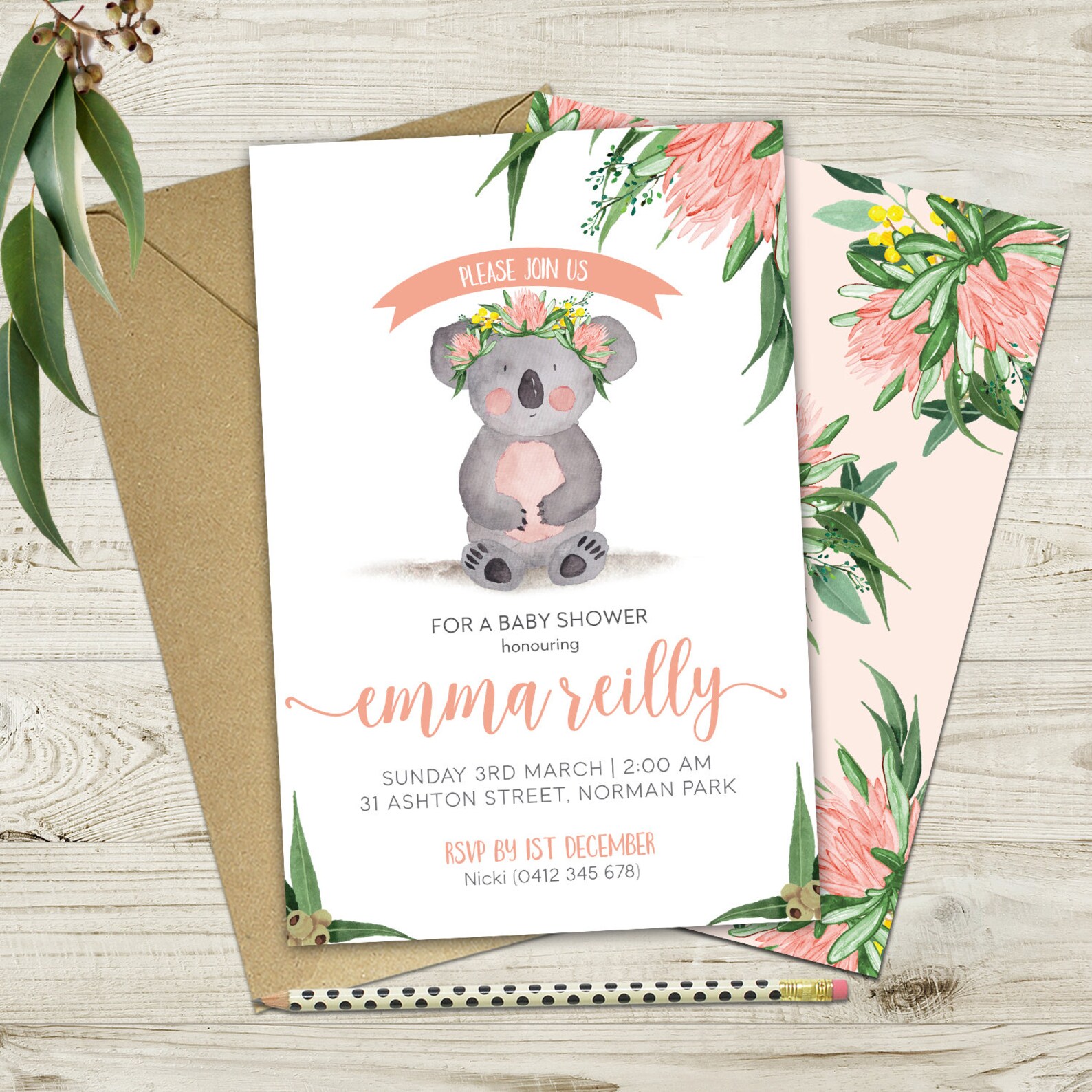Australian Animal Girl Baby Shower Printable Invitation Etsy Australia