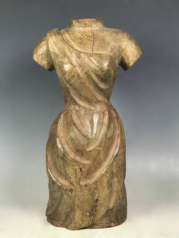 Vintage Carved Solid Wood Paper Mache Mold of Dress Form