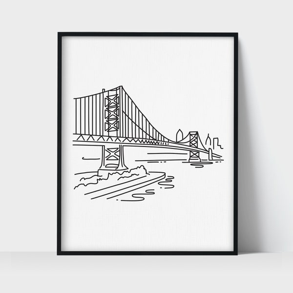 Philadelphia Benjamin Franklin Bridge Art Print | Minimalist Black & White Line Art Drawing | Physical Print | Pennsylvania Travel Décor
