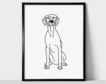Impression d'art mural chien Braque de Weimar | Dessin au trait noir et blanc minimaliste | Impression physique prête à encadrer | Portrait d'animal de compagnie | Mémorial pour animaux de compagnie