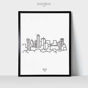 Dallas Texas Skyline Wall Art Print | Minimalist Black & White Line Art Drawing | Physical Print Ready to Frame | Travel Décor