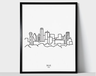 Impression d'art mural Dallas Texas Skyline | Dessin au trait noir et blanc minimaliste | Impression physique prête à encadrer | Décoration de voyage