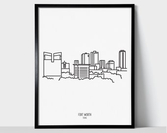 Fort Worth Texas Skyline Wall Art Print | Minimalist Black & White Line Art Drawing | Physical Print Ready to Frame | Travel Décor